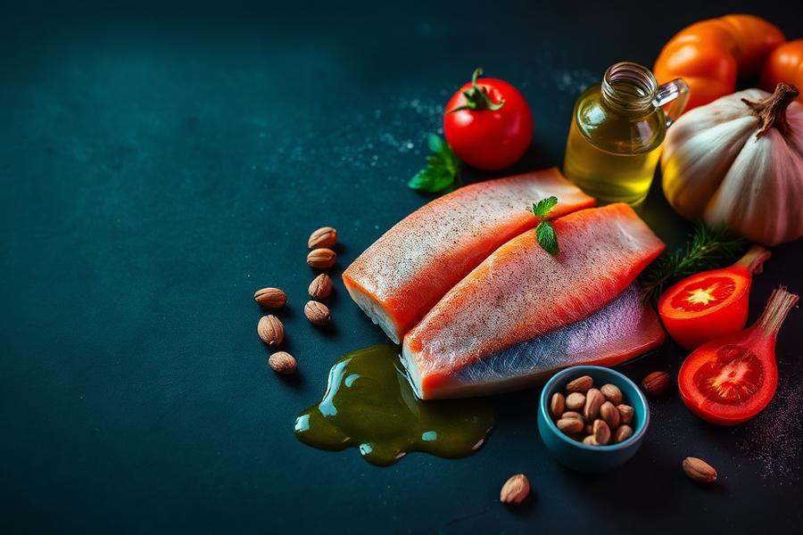 Heart-healthy foods including fish, vegetables, nuts and olive oil
